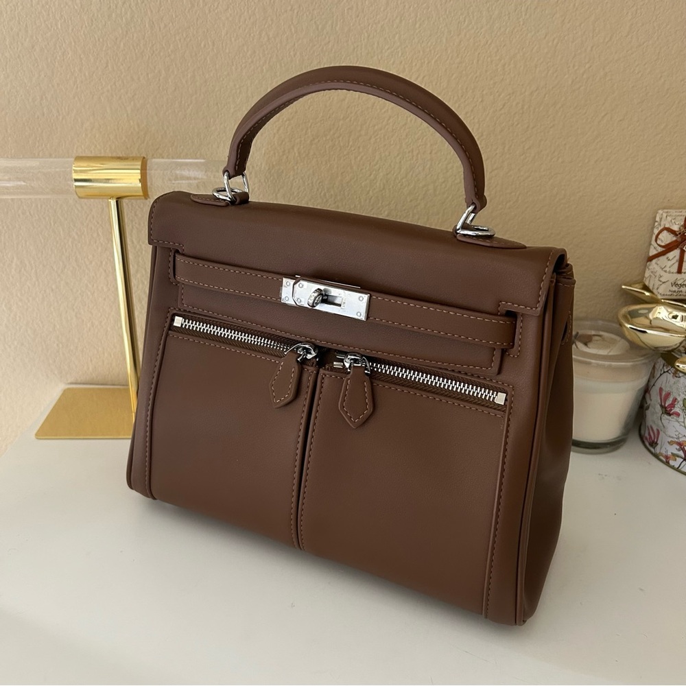 Top Handle Double Front Pocket Leather Satchel 28cm Brown